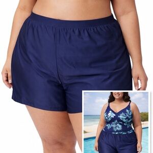 Swim Shorts Plus Size 24W 26W High Waisted Built In Brief Swim Bottoms Navy Blue